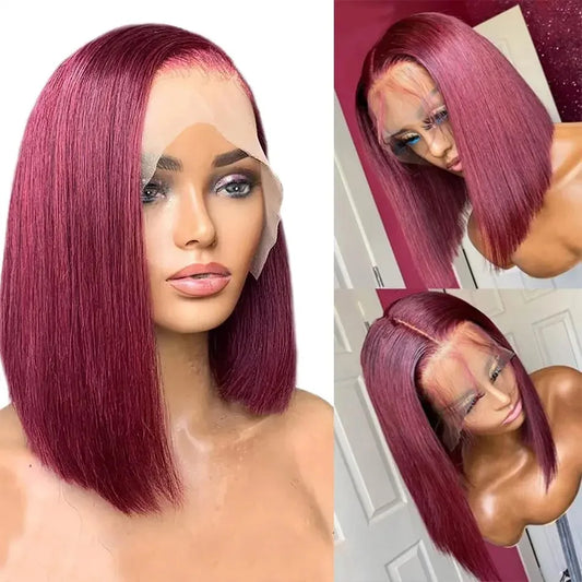 Peluca de encaje frontal sintética 13X4 HD con flequillo corto y liso, color rojo burdeos 99J, para mujeres negras, pre-arrancada con pelo de bebé, sin pegamento