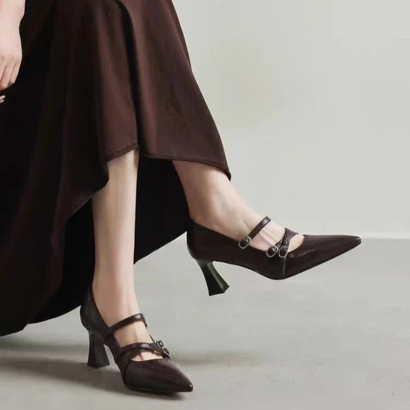 2026 Metal Buckle Hollow Sandals Office girl Pointed Thin Heel Patent Leather Fashion Single Shoe 35-42 Big Size Women Shoes
