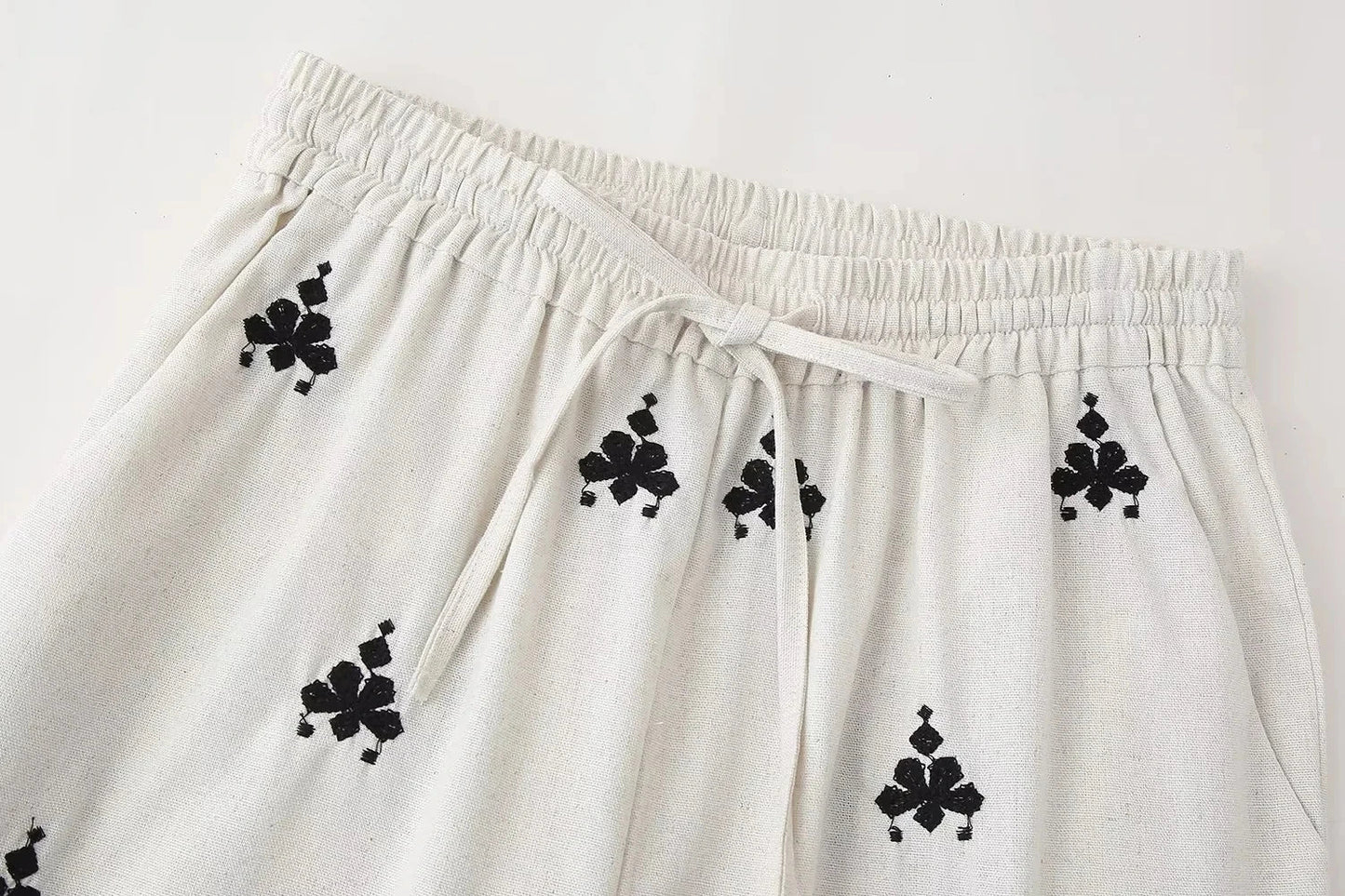 Foridol Geometric Pattern Embroidery Long Pants Women Wide Leg Beige Casual Summer Pants Elastic Waist Drawstring Pants 2025