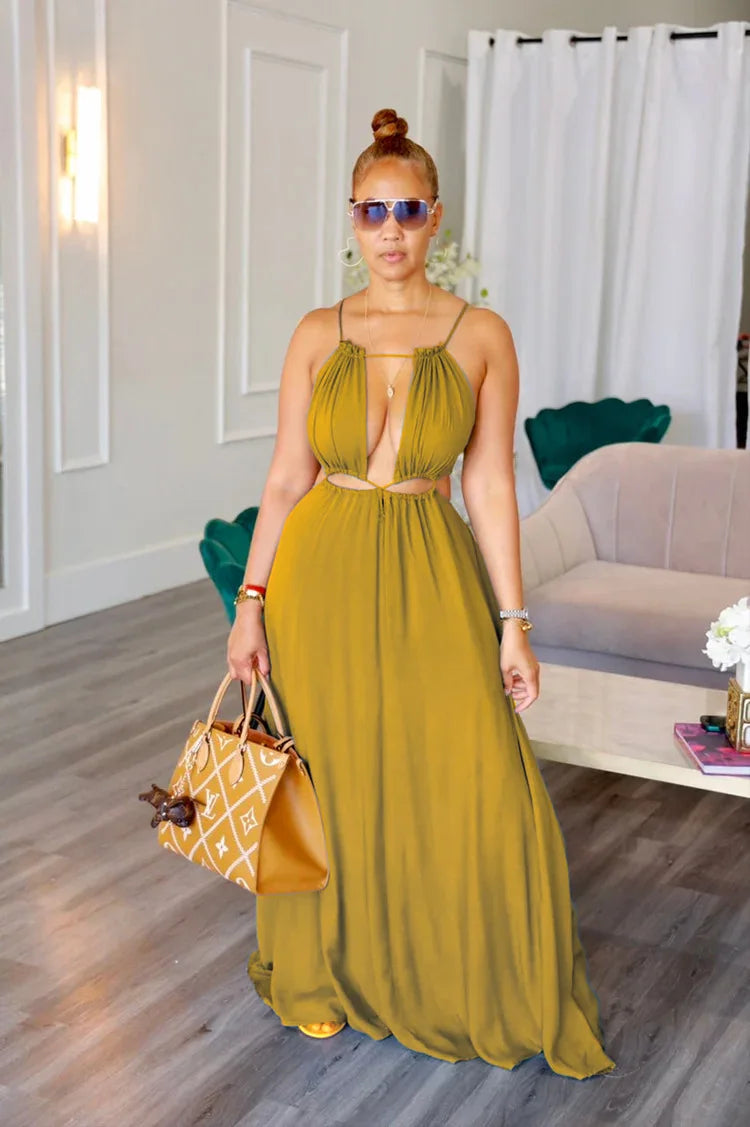 2025 Women's Dress Summer Holiday Solid Long Dresses Sexy Drawstring Lace Up Sleeveless Vestidos Para Mujer Club Party Outfits