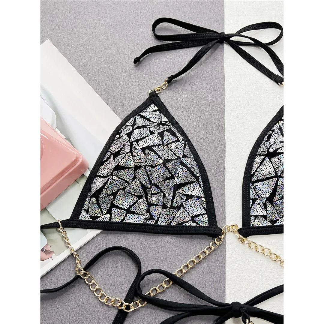 New Bling Sequins Halter Metal Chains Bikini Women Swimwear Female Swimsuit Two-pieces Bikini set Bather Bathing Suit Swim K4865