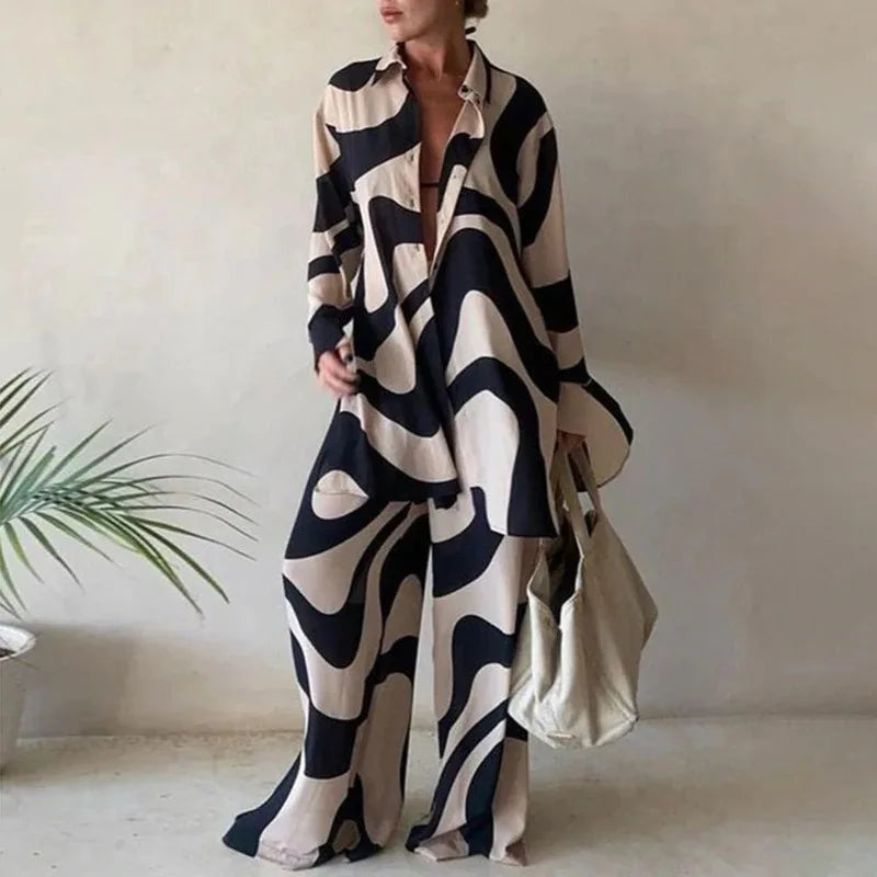 Spring Autumn Fashion Sets Women Long Sleeve Lapel Printed Casual Elegant Beach Loose Wide Legs Trousers Ladies Two Piece Suits