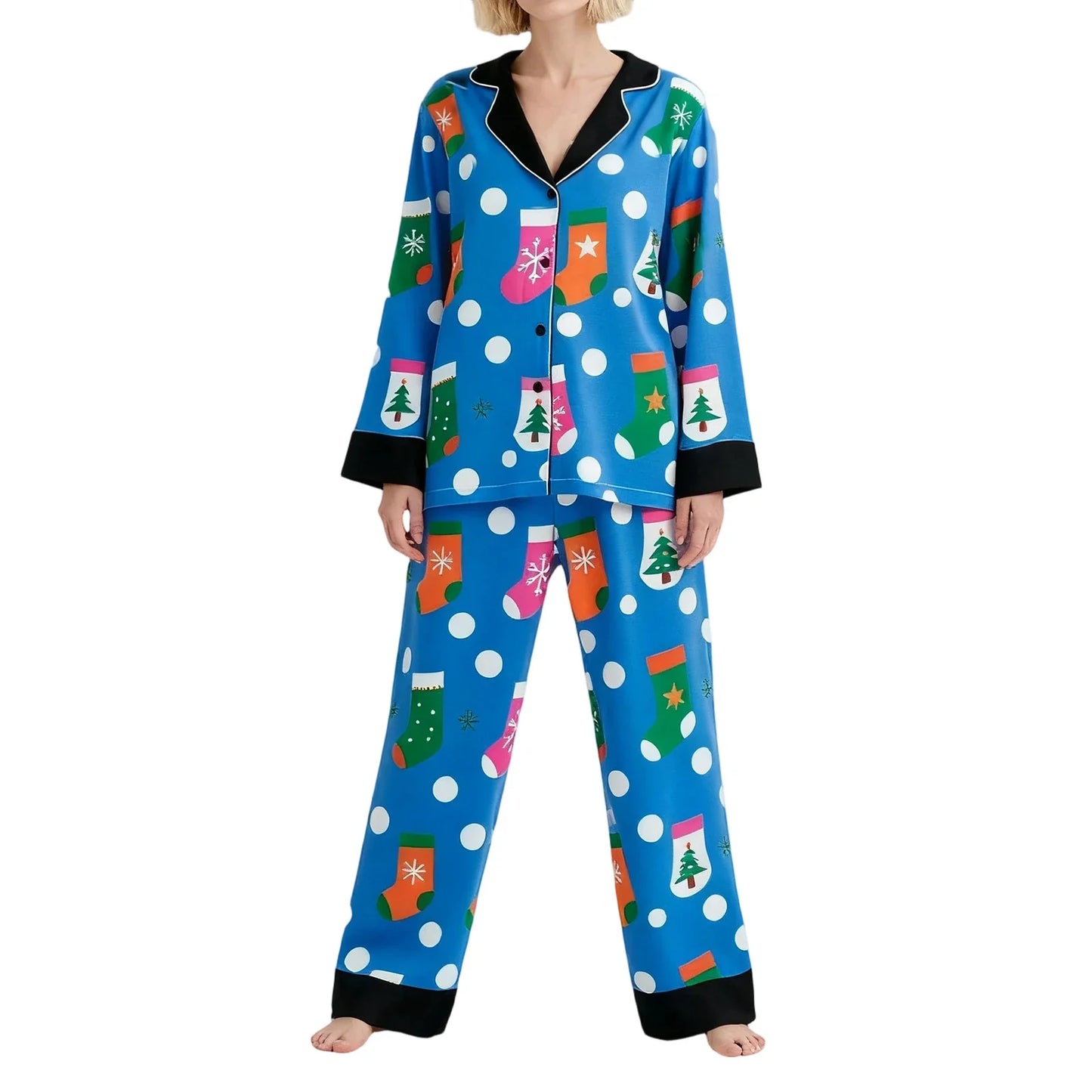 Women's Christmas Pajamas Set Long Sleeve V Neck Stocking Tree Print Tops and Pants Lounge Wear Two Pieces Suits