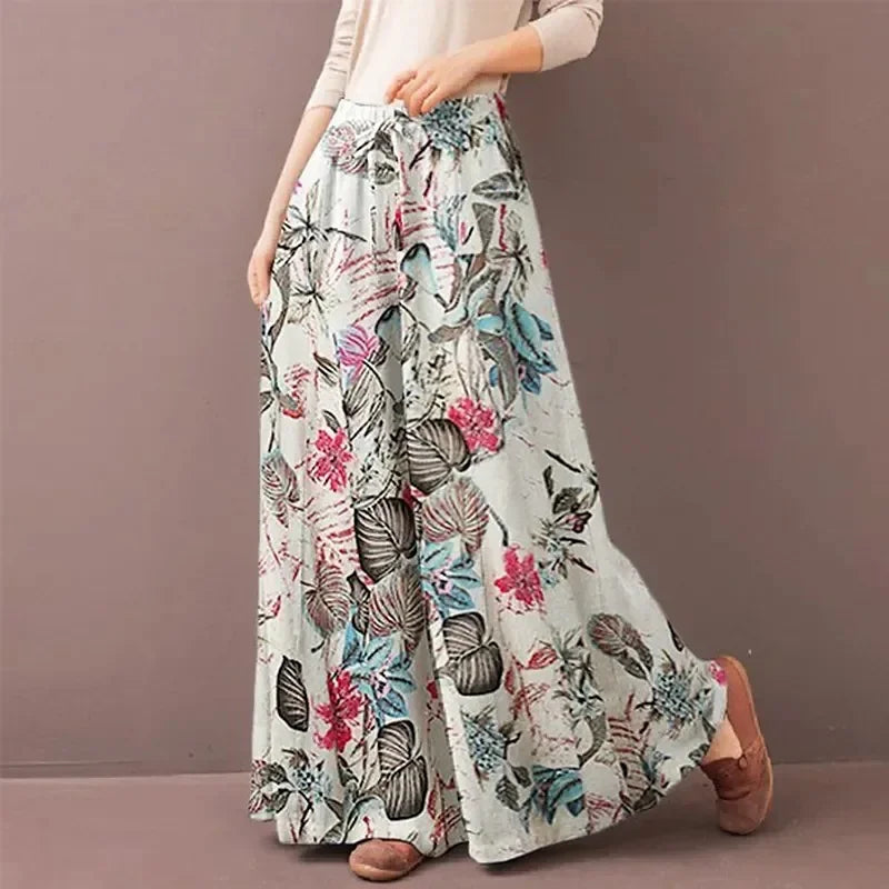 Floral Print Wide Leg Women Pants Spring Drawstring Bohemia Trousers Lady Casual Loose Elastic Waist Pantalonsw Plus Size