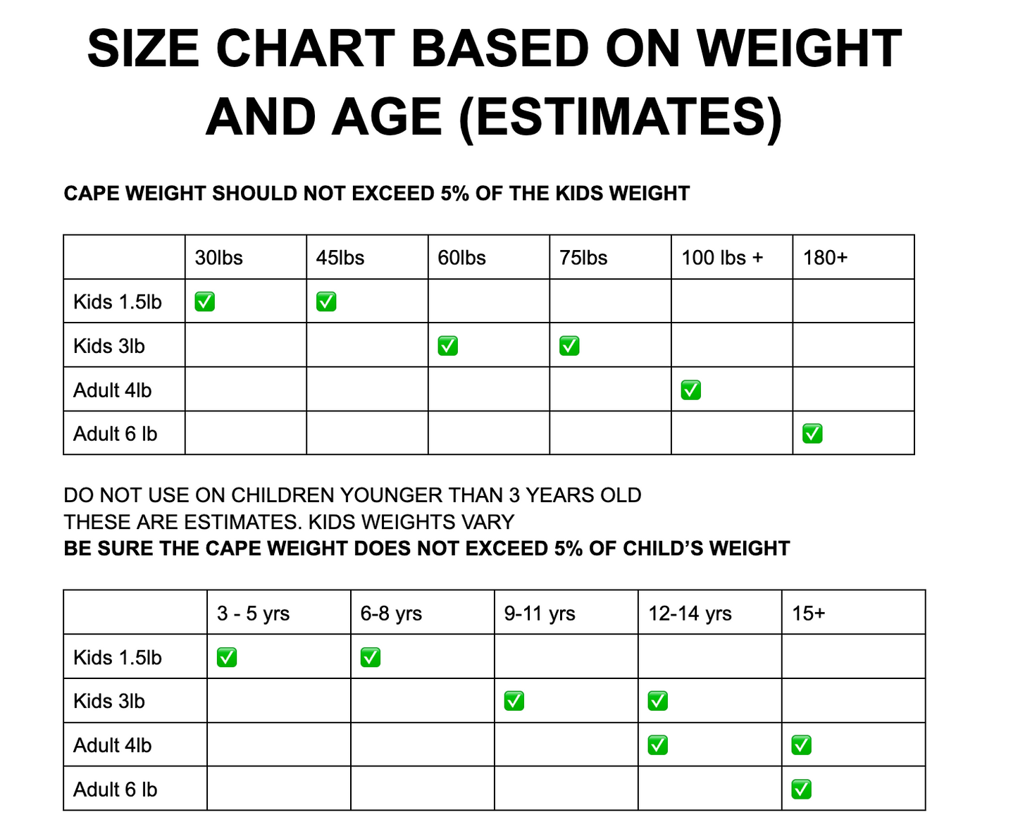 Kids Black 3lb Weighted Cape (Ages 8-13)