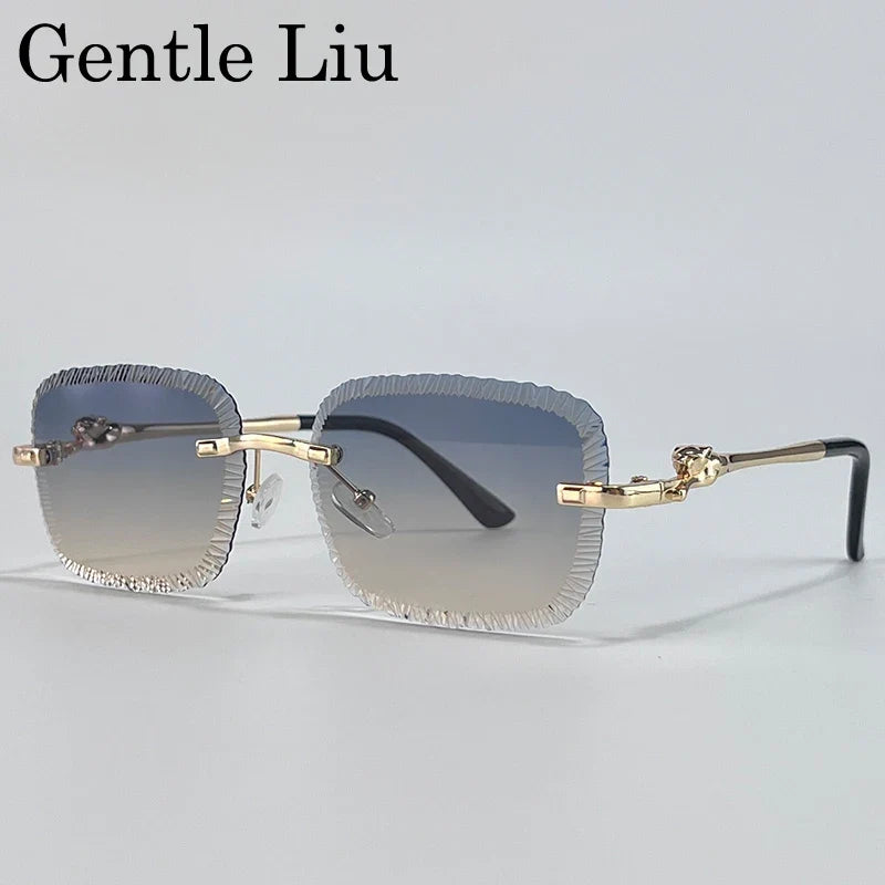 Rimless Square Sunglasses Men 2026 Luxury Brand Cut Edge Eyewear Trendy Leopard Head Sunglass For Male Punk Metal Frame Shades