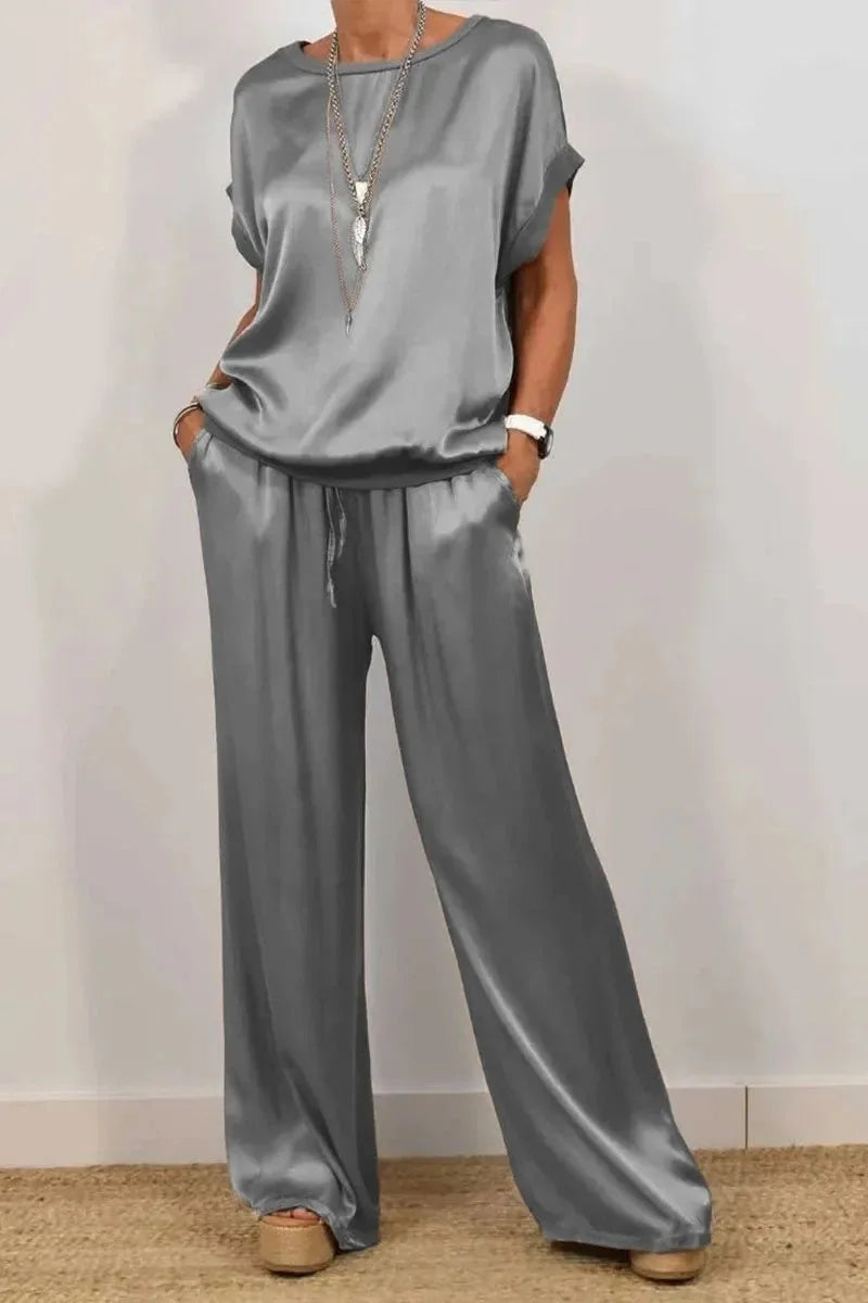 Simple Satin Women's Suits Summer Fashion Short sleeve Loose Blouse Wide Leg Pants Two Piece Set For Women Casual Outfits