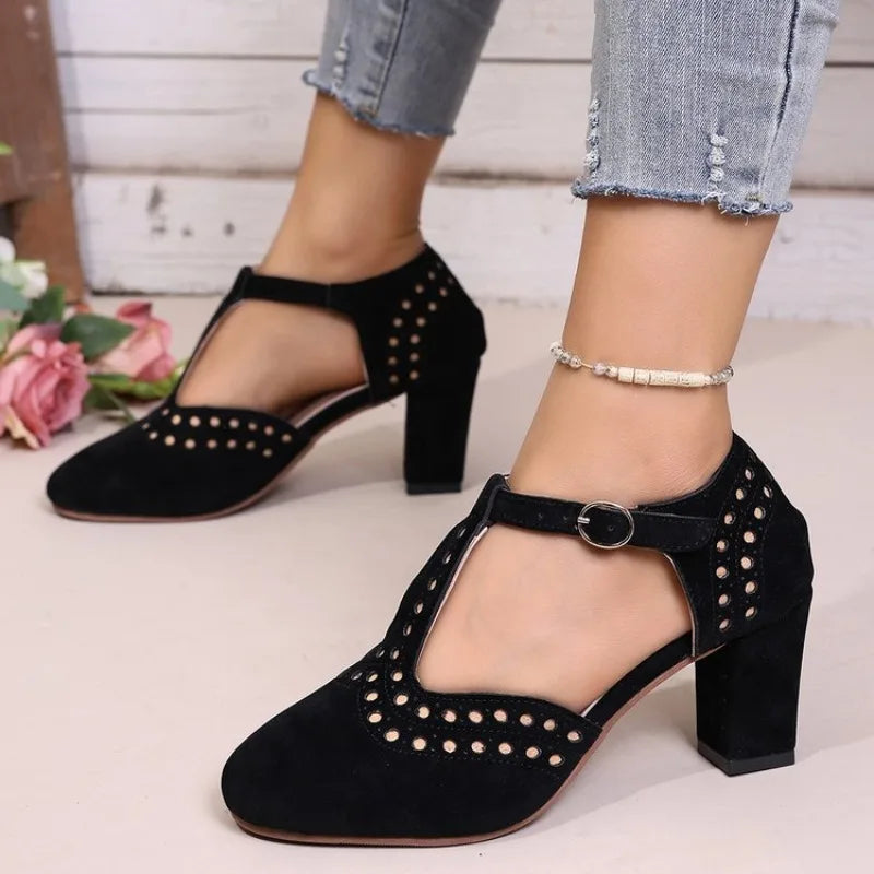 2026 Women Sandals Fashion Round Toe Hollow Thick Heel Sandals Casual Summer Shoes