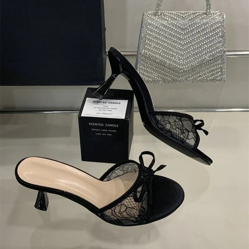 Summer Women Net Butterfly-knot Slippers Fashion Cover Pointed Toe Slip On Mules Shoes Thin High Heel Ladies Elegant Slides Pump