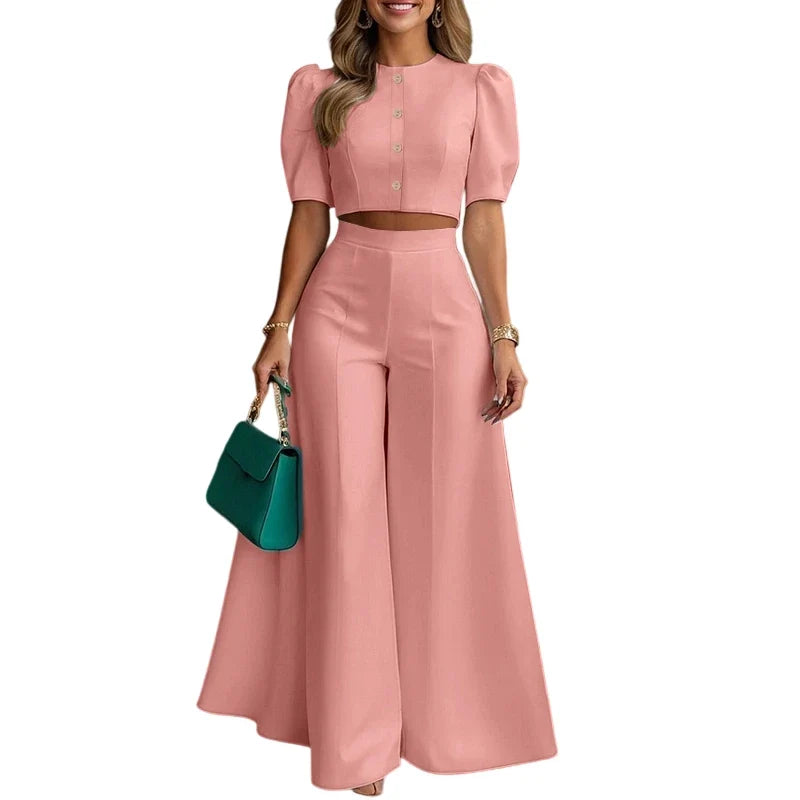 ZANZEA Plus Size 5XL Women 2-Piece Pant Sets Puff Sleeve Crop Top & Wide Leg Pant Matching Sets Elegant Chic Streetwear Co-ords
