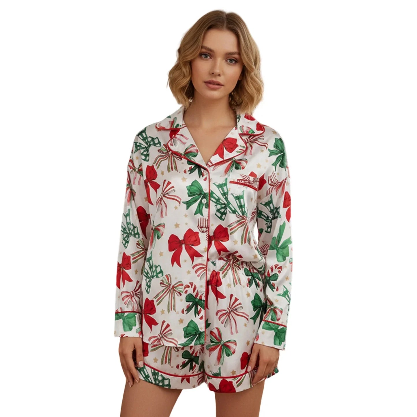 Women's 2025 Satin Christmas Pajama Set Long Sleeve Lapel Bow Print Shirt Wide Leg Shorts Loose Two Pieces Sleepwear