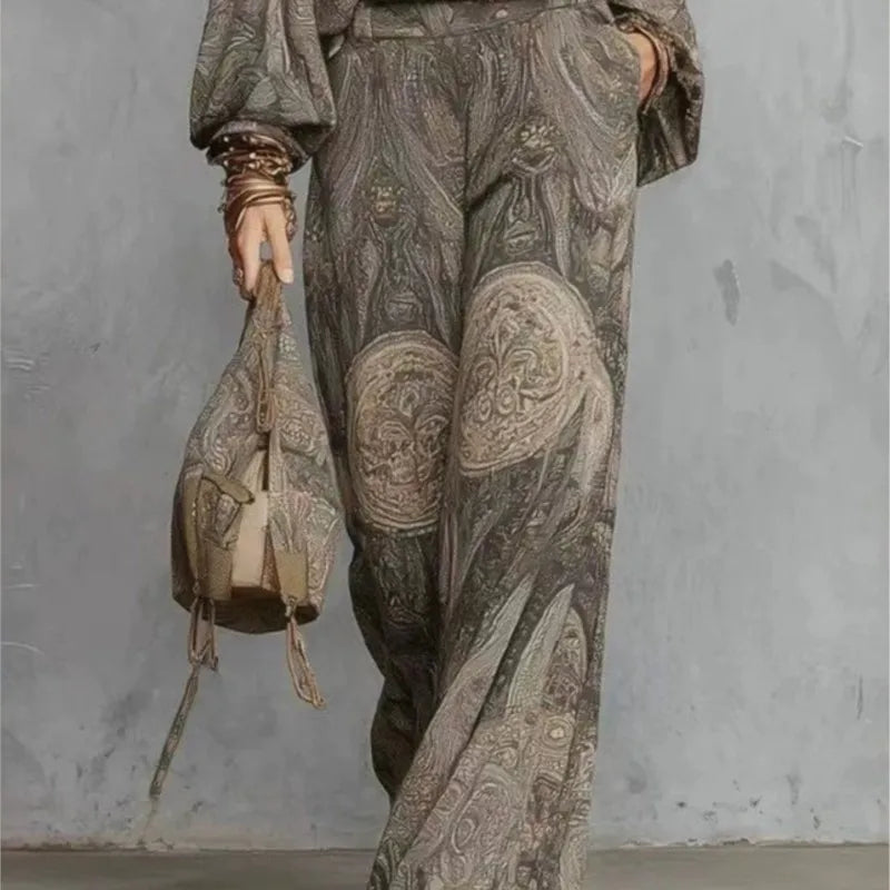 Boho Paisley Print Two-Piece Set for Women Sexy V-Neck Long Sleeve Blouse Top Wide Leg Pants Summer Casual Loose Suit Female Set