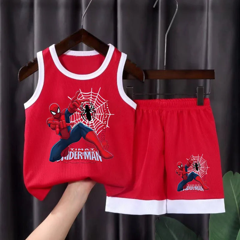 2026 Summer Breathable Comfy Mesh Boys Basketball Clothes Sets Kids Casual Outfits Child Outdoor Vacation Vest Cartoon Print Set