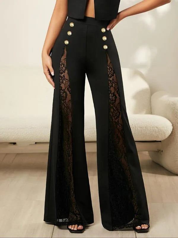2026 Women's Solid Color Lace Spliced Flare Pants Trousers