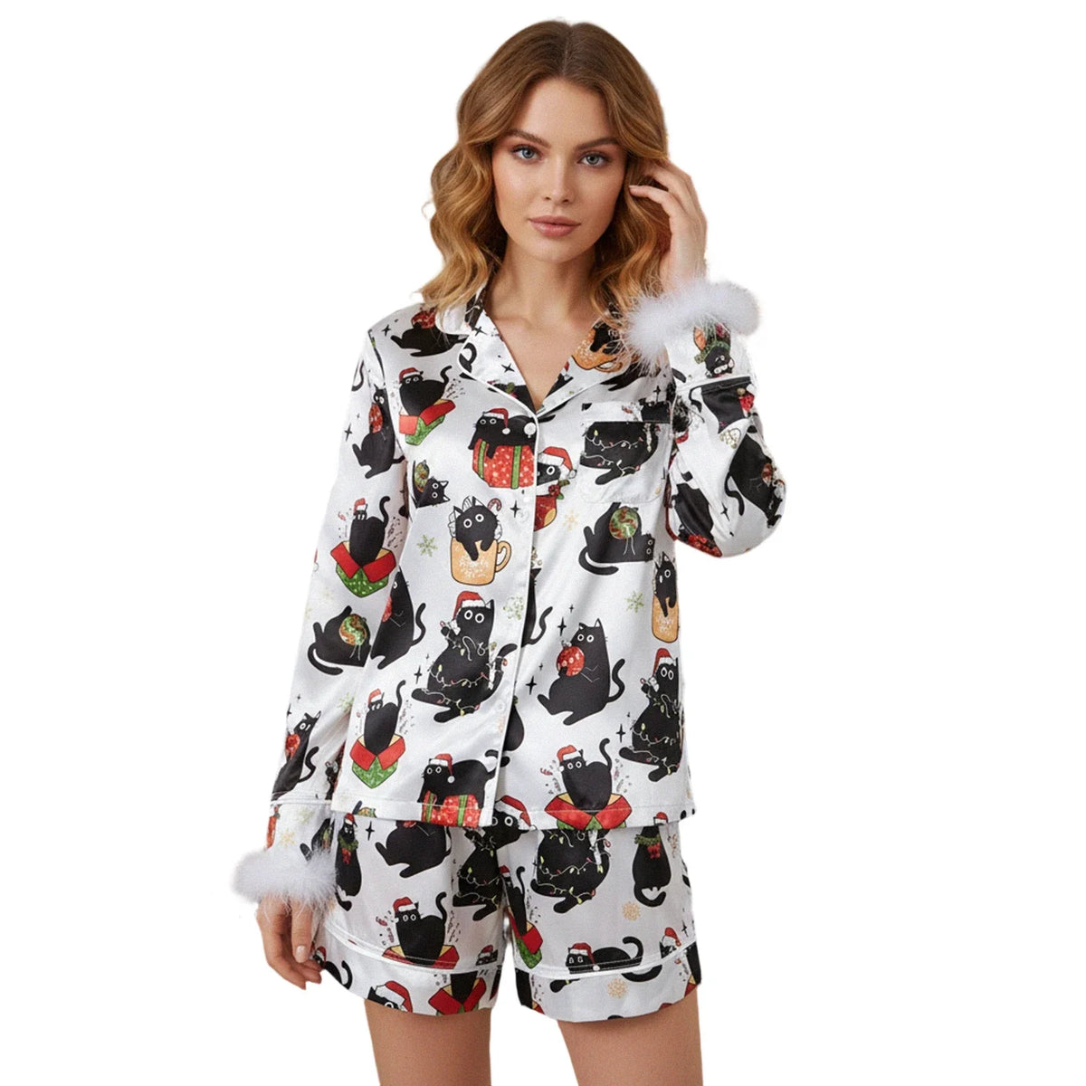 Women's Christmas 2 Pieces Pajamas Set Bow Print Fur Trim Button Down Long Sleeve Lapel V Neck Tops and Pants Lounge Wear