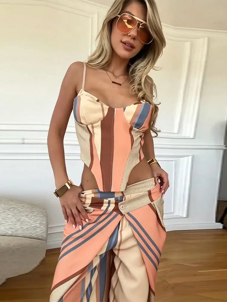 Fashion Women's Pants Set Halter Slim Corset Straight Bottom Female Print Sets 2026 Summer Vacation Beach Chic Sexy Lady Suit