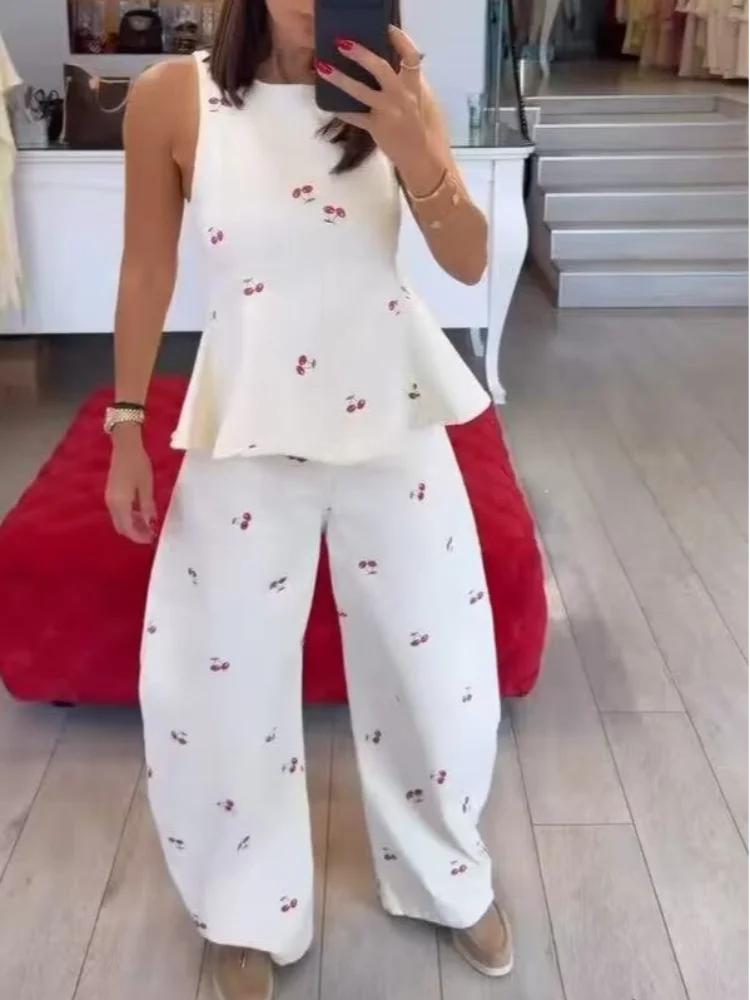 Denim Printed Sleeveless Pants 2-piece Set Women's Elegant Round Neck Fashion Short Shirt Long Pants Suit 2026 Street Outfit