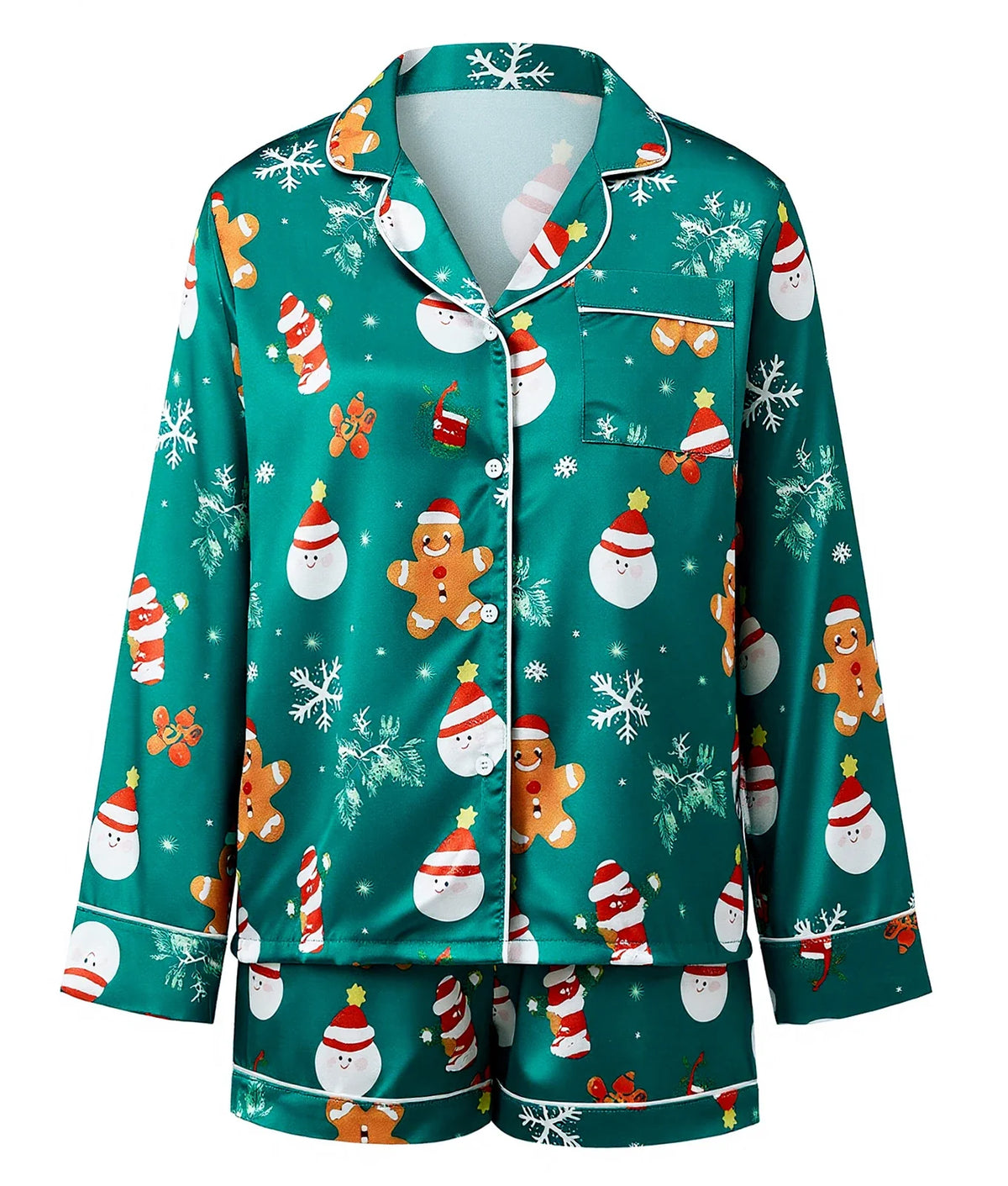 Women Satin 2 Piece Christmas Pajama Set Printed Long Sleeve Button-up Tops and Elastic Waist Shorts Summer Fall Sleepwear