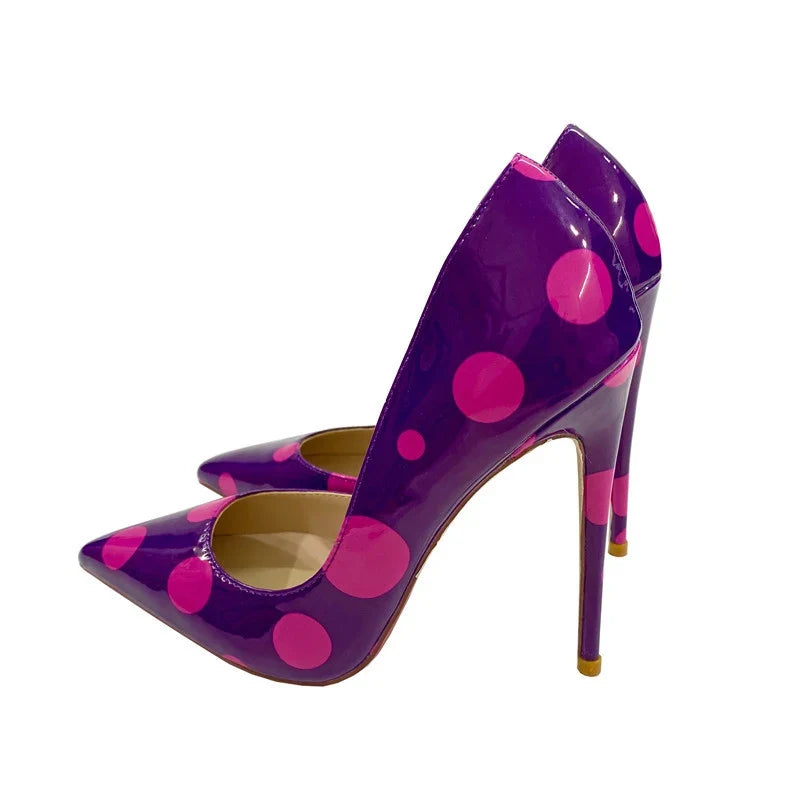 Veowalk Polka Dot Women Purple D'Orsay Side Cut Pointed Toe Stiletto Pumps Comfortable Elegant 8cm 10cm 12cm High Heel Shoes
