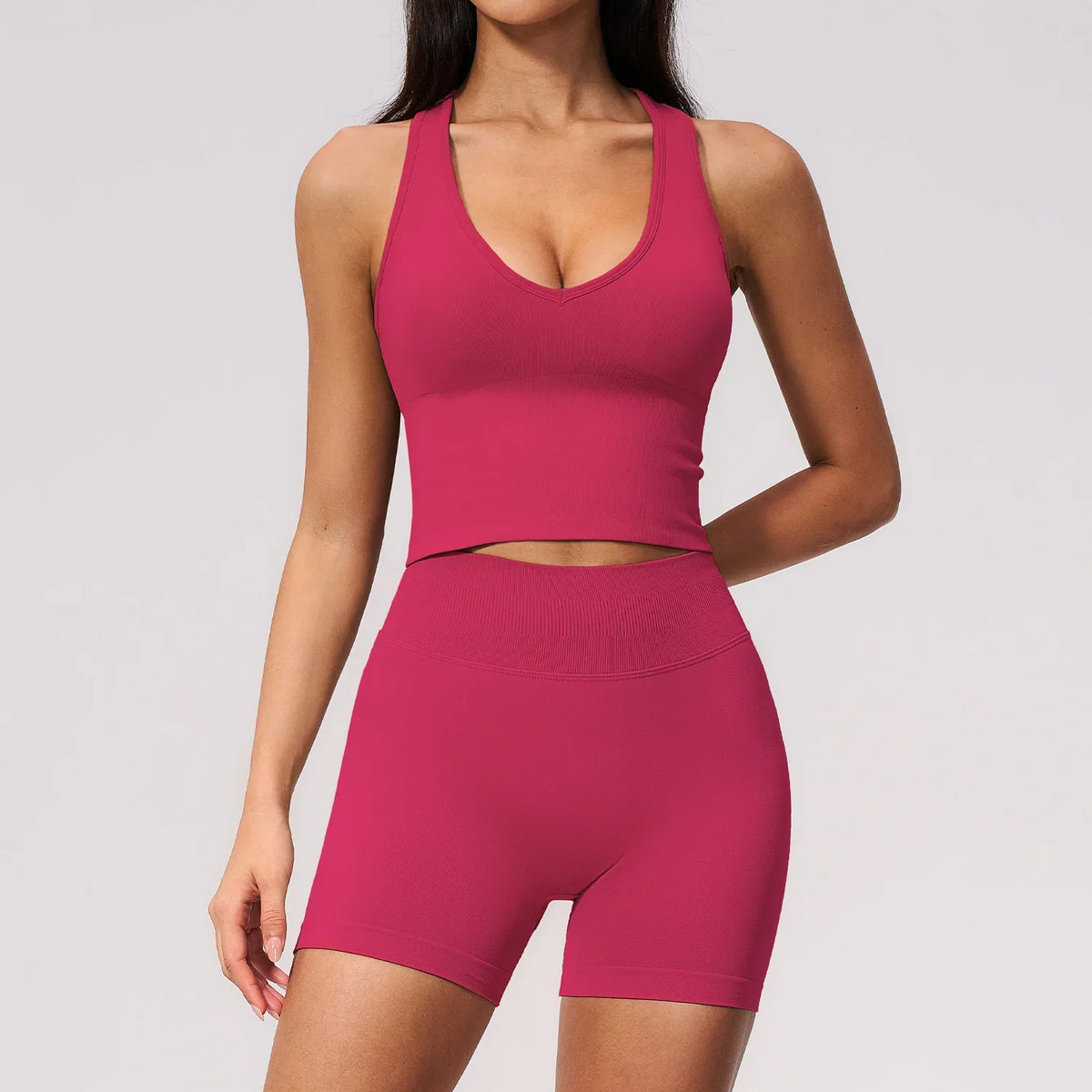 Seamless Yoga Sets Women Breathable V Neck Shockproof Sports Vest Fitness Suit Outwear High Waist Shorts Training Fitness Suit