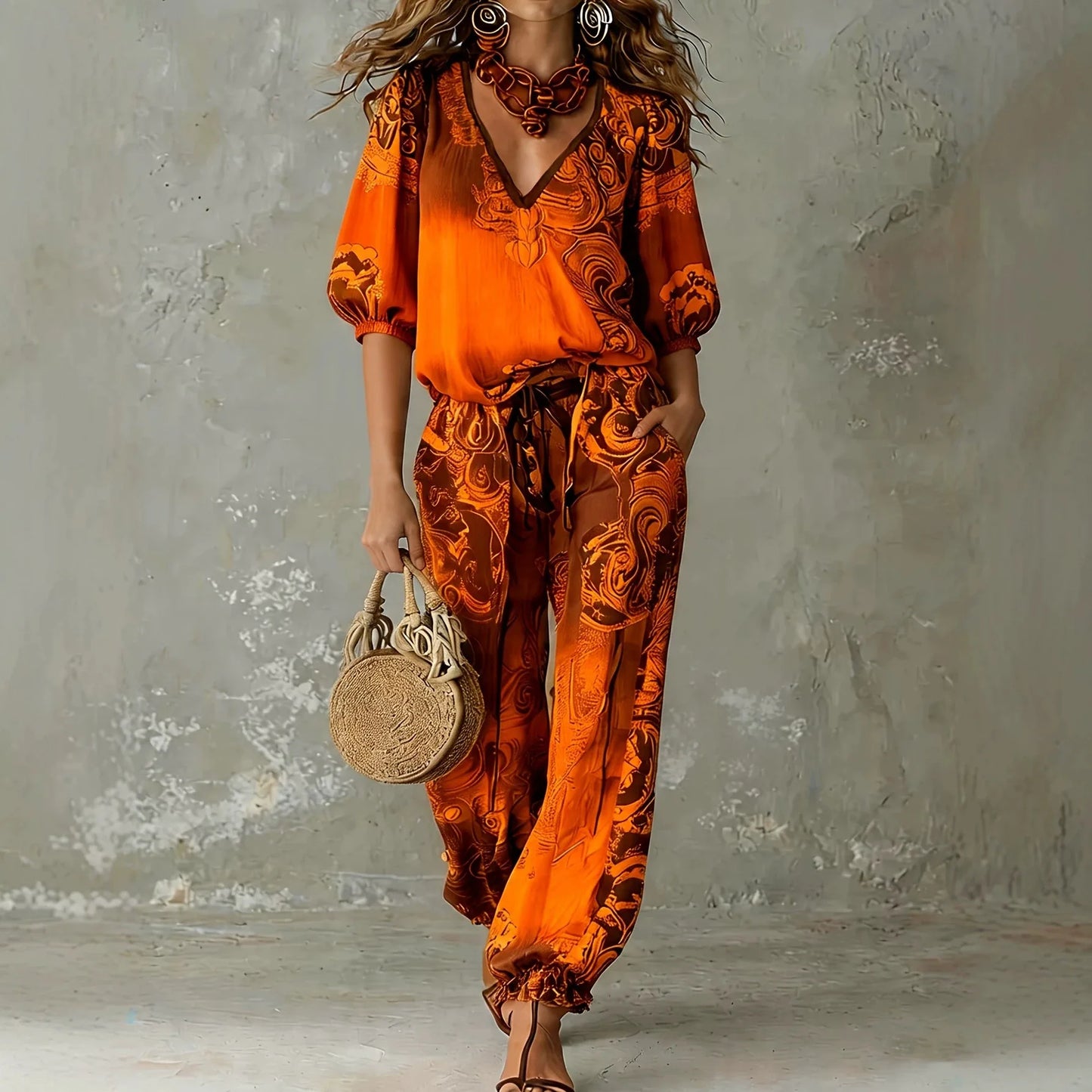 Retro Floral Print V Neck Puff Sleeve Top with Jogger Pants Matching Set for Women Spring Summer