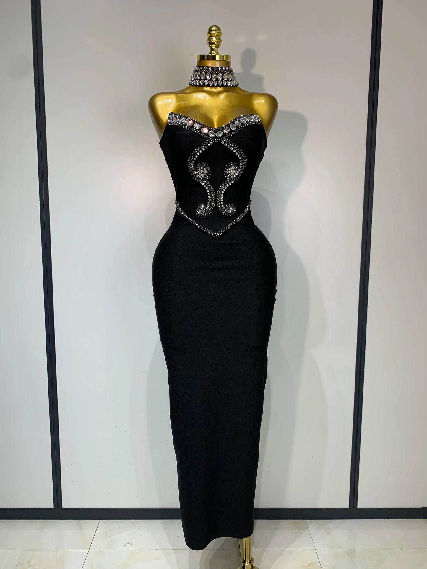 High Quality Strapless Beading With Necklace Bandage Dress Celebrity Elegant Evening Party Fancy Club Birthday Dresses