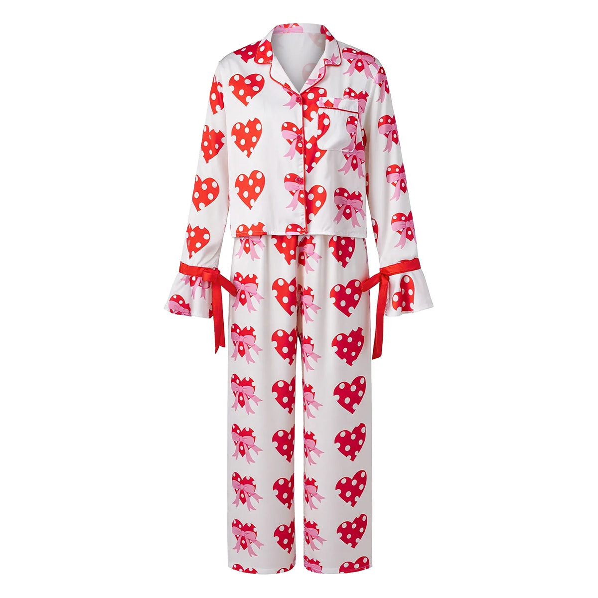 Women 2025 Heart Print Pajama Set Long Sleeve Button-up Tops and Pants 2 Piece Valentines Day Sleepwear Outfit