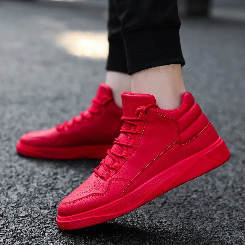 Keep Warm Men's Red High-Top Leather Skate Shoes Flat Lace-Up Sneakers Versatile Casual Streetwear Non-Slip Grip Sole Footwear