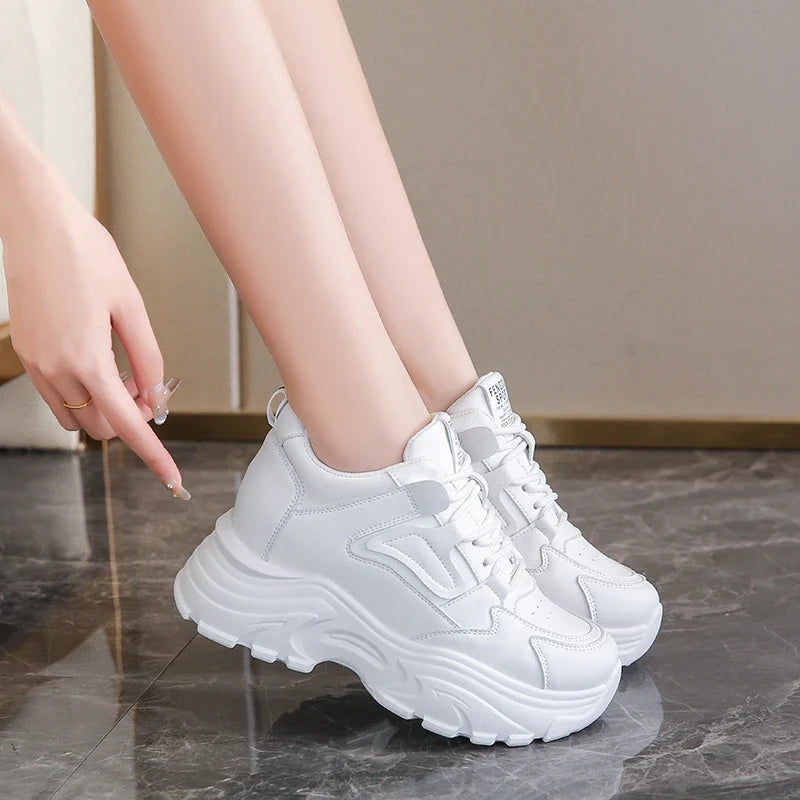 Women's White Platform Sneakers Lace Up Thick Sole Breathable