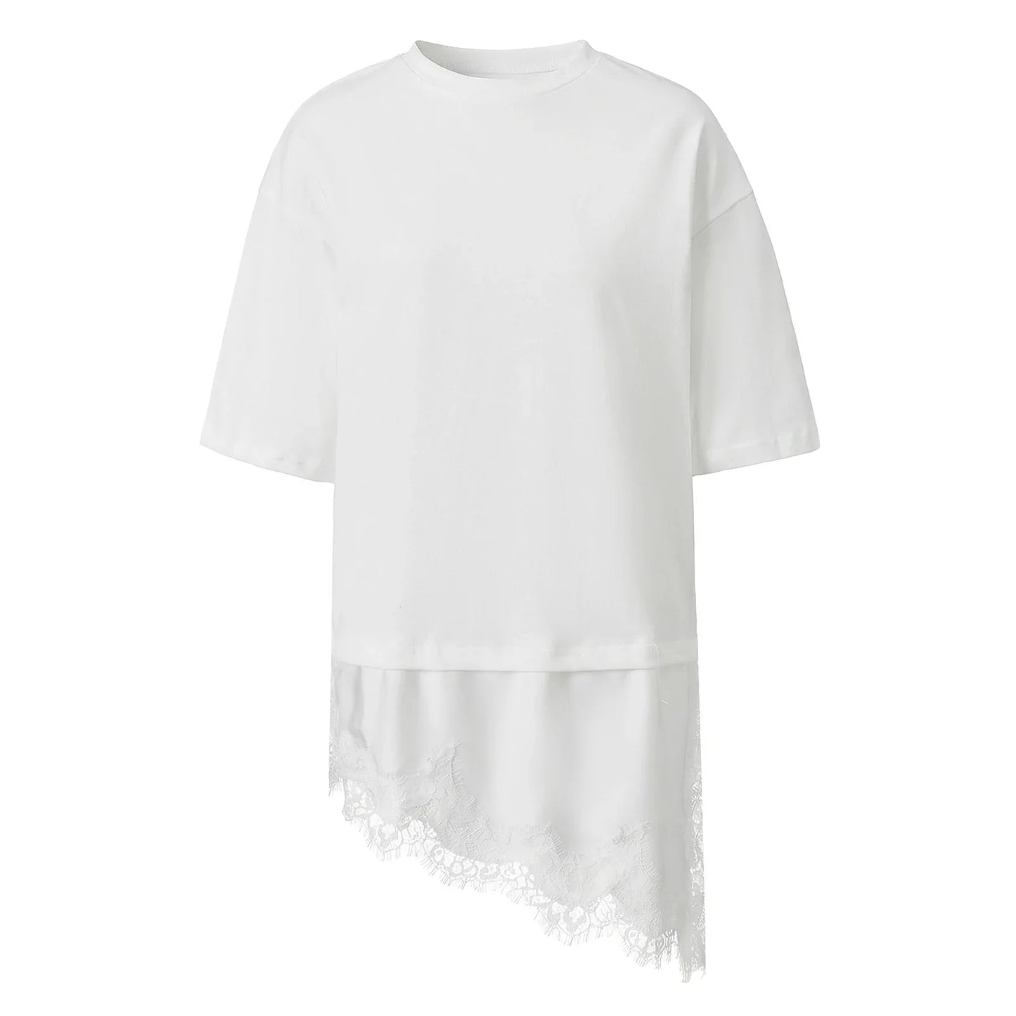 Women 3/4 Length Sleeve Crew Neck Casual Loose Fit Long Tops Summer Lace Patchwork Hem Solid Color T Shirts