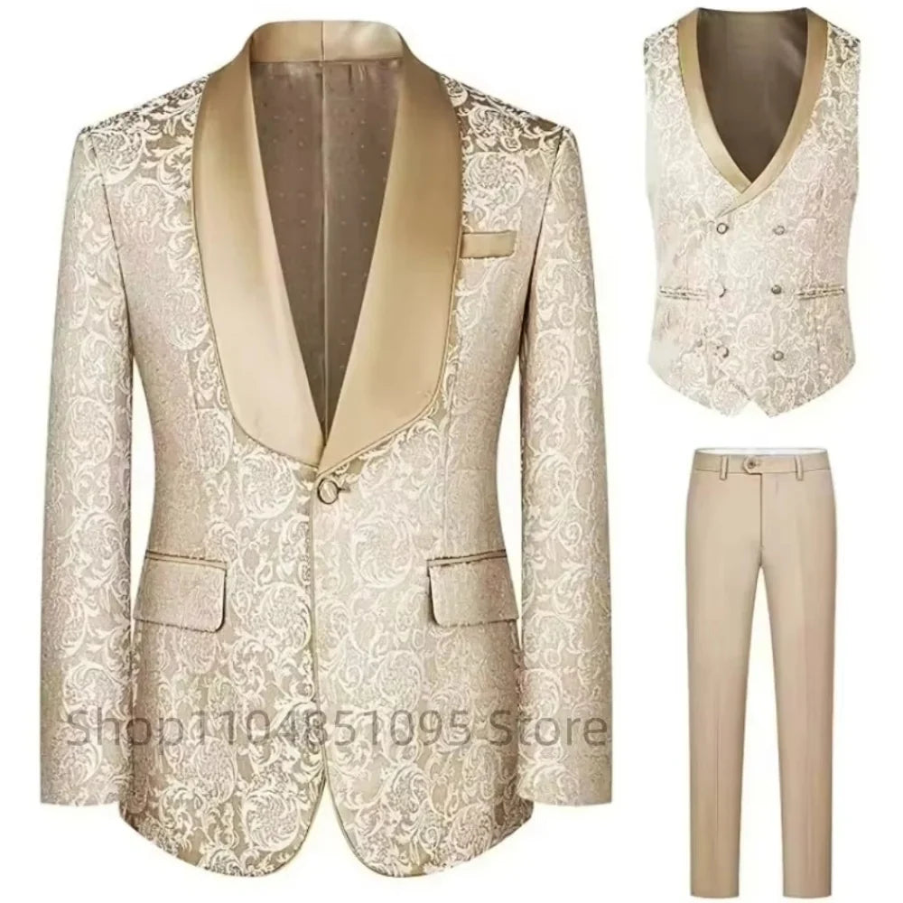 Champagne Jacquard 3-Piece Men's Formal Smoking Suit with Shaw Lapel