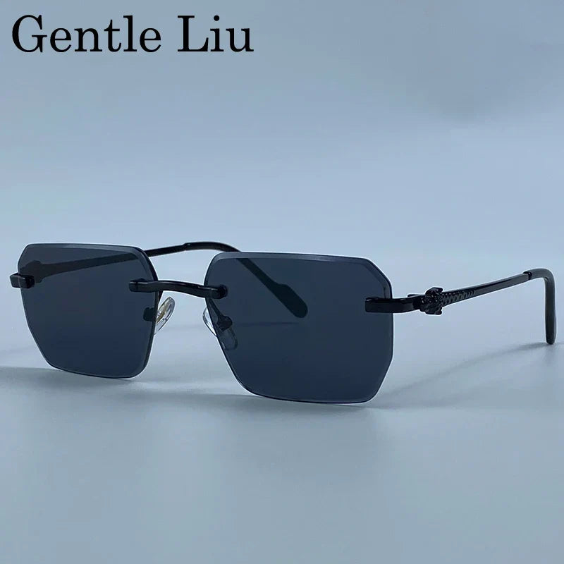 Y2K Rimless Square Sunglasses Men 2026 Luxury Vintage Punk Sun Glasses Hip Hop Metal Frame Steampunk Shades Leopard Head Eyewear