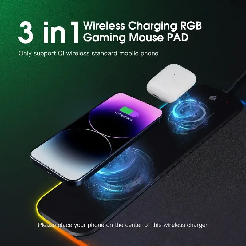 RGB Mouse Pads 3-In-1 Magnetic Wireless Charging Gaming Mousepad PC Laptop Pad for Airpod Wireless Charging for Apple Watch