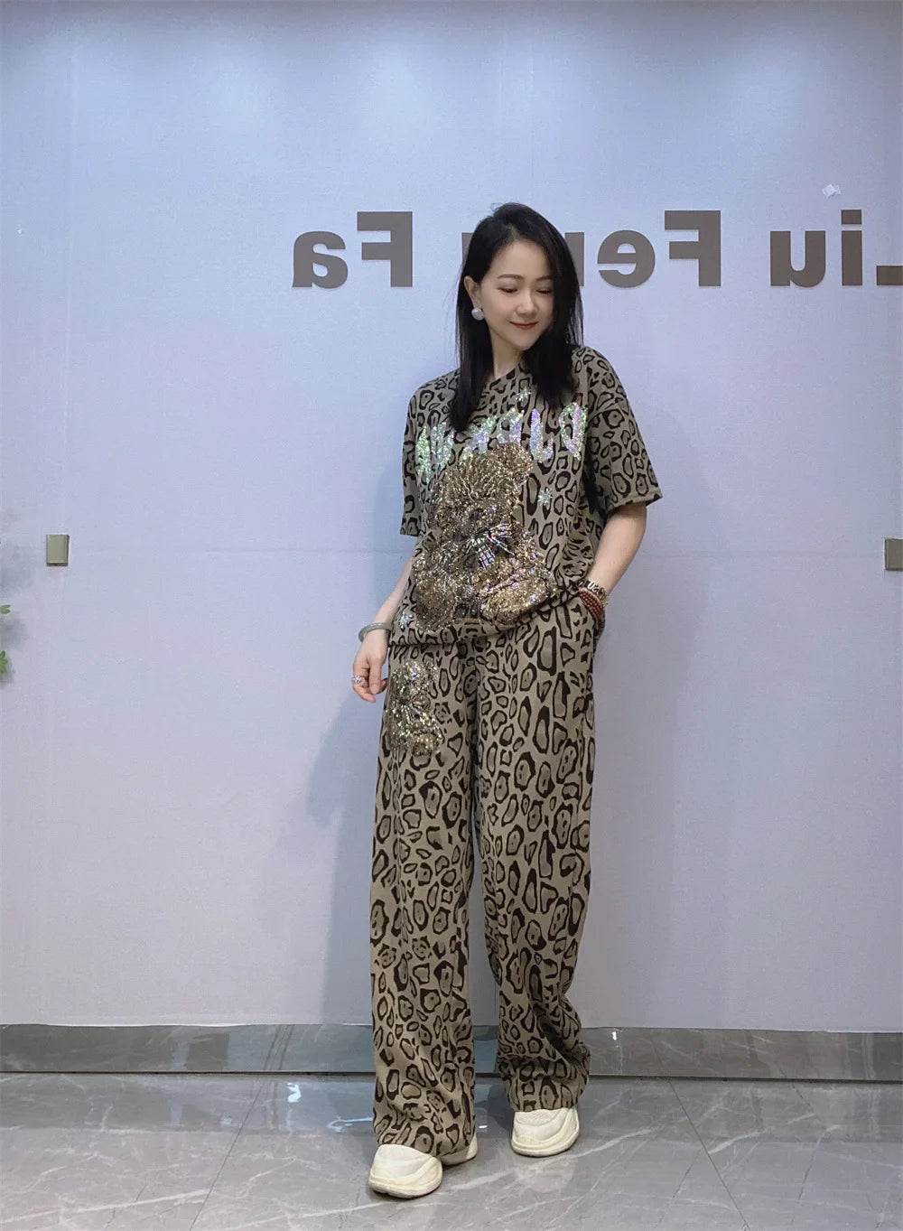 Cartoon Bear Leopard Print Wide Leg Pant 2 Pieces Sets Woman Outfits 2025 Summer Casual Short Sleeve T Shirt Matching Sets Stree