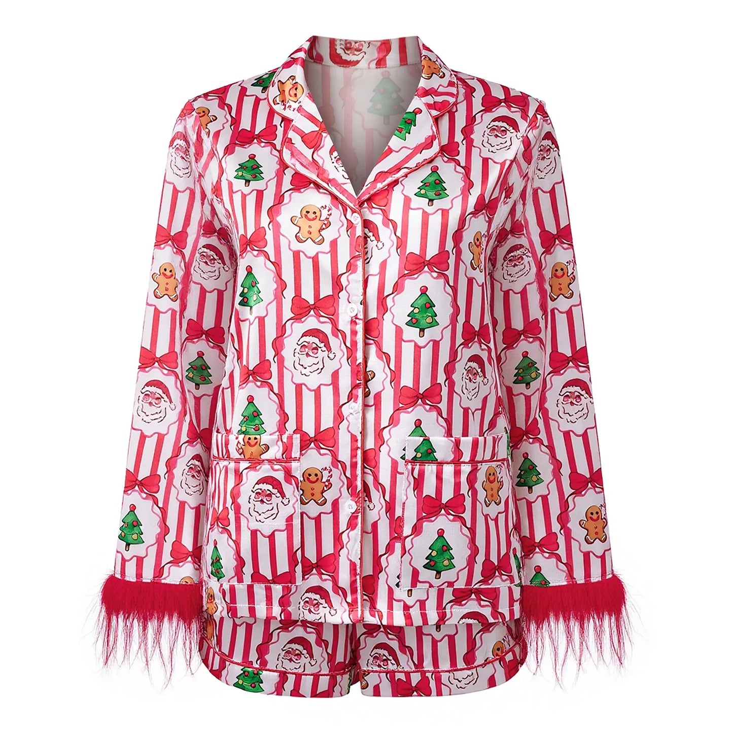 Women Satin 2025 Christmas Pajama Set Bow/Tree Print Long Sleeve Shirt with Shorts Two Pieces Sleepwear Loungewear