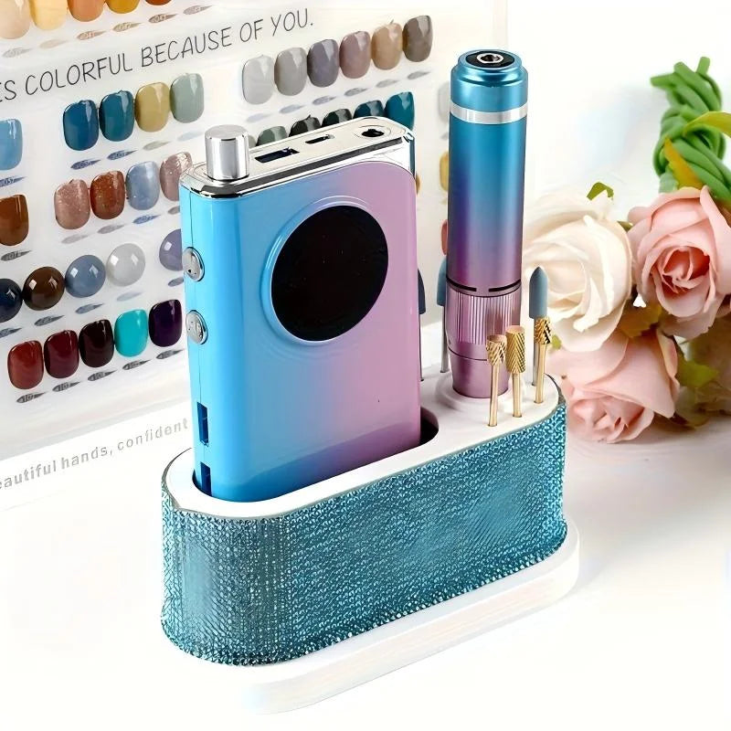 Nail Drill Machine Holder with White Rhinestones, 8 Holes Nail Drill Bit Holder, Nail Efile Stand and Organizer Storage Box Case