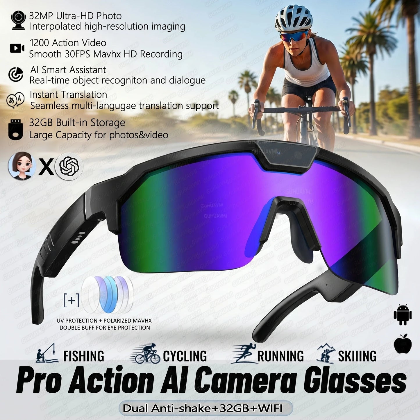 2026 New AI Smart Sports shooting&recording Glasses 800W Camera HD Anti-shake Bicycle Riding Shooting Artifact Windproof Goggles