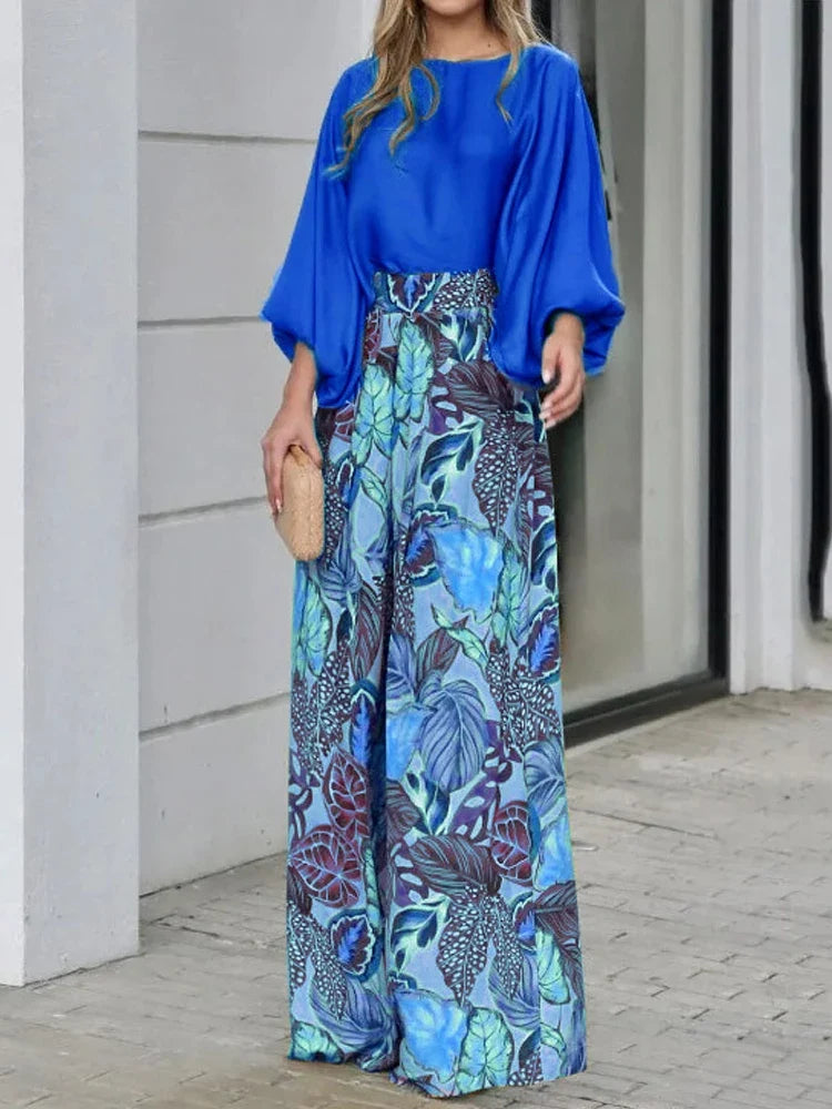 Women's 2 Piece Set 2024 New Fashion Autumn Solid Long Sleeve T-shirts & Digital Print Wide Leg Pants Suit Woman Pants Set
