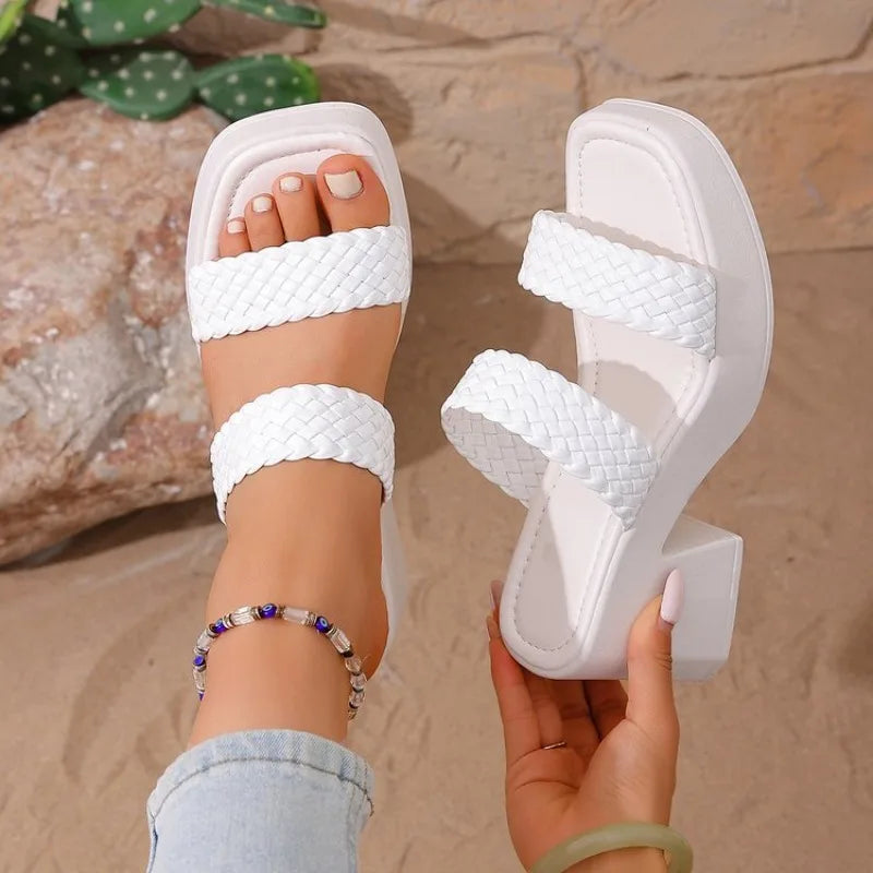 Women High Heels Sandals Fashion Weave Thick Heel Slippers Square Toe Summer Casual Ladies Slides Slip on Beach Sexy Shoes Woman