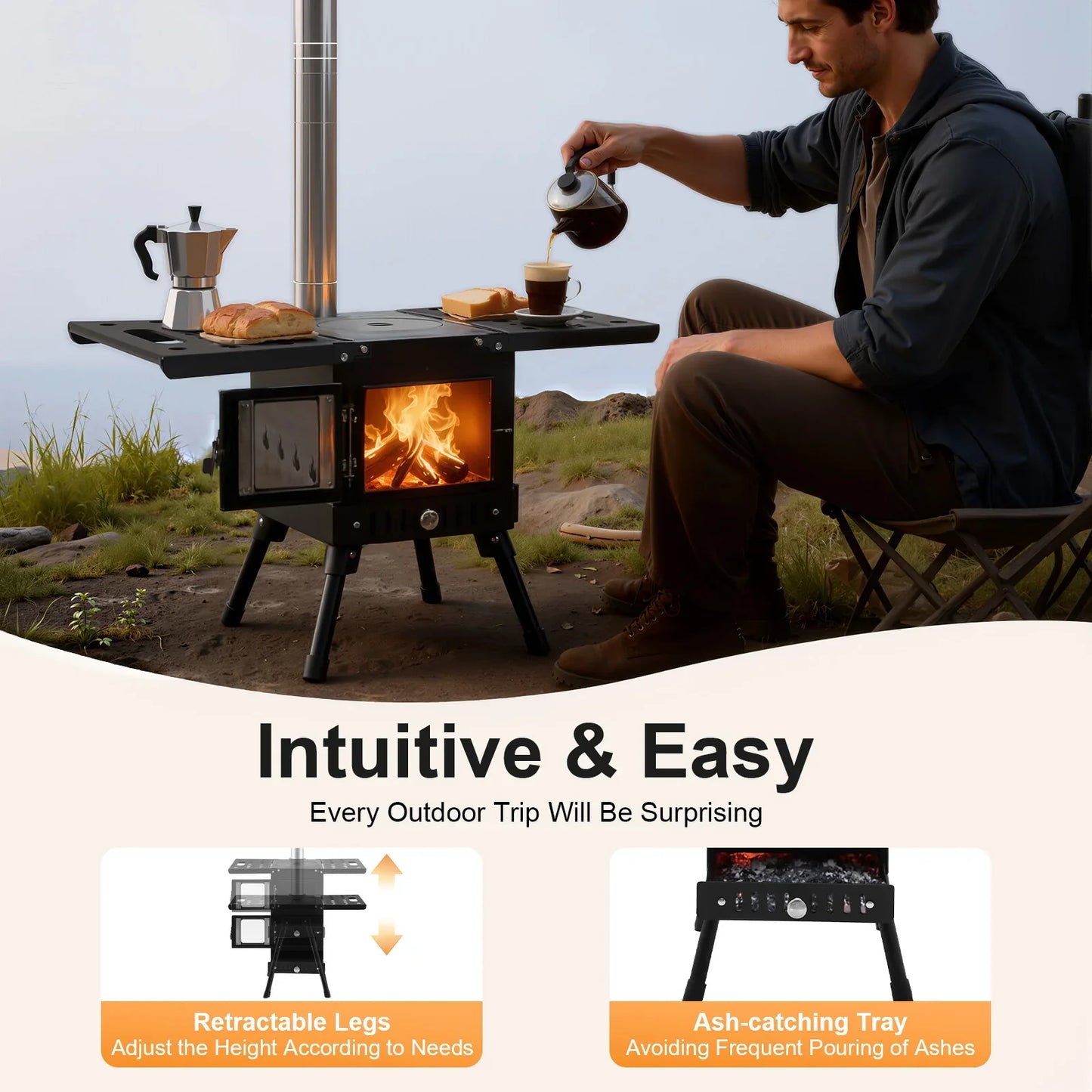 Folding Outdoor Camping Firewood Stove Adjust the Height Smoke Cleanly Outdoor Camping Stove Portable Tent Stove