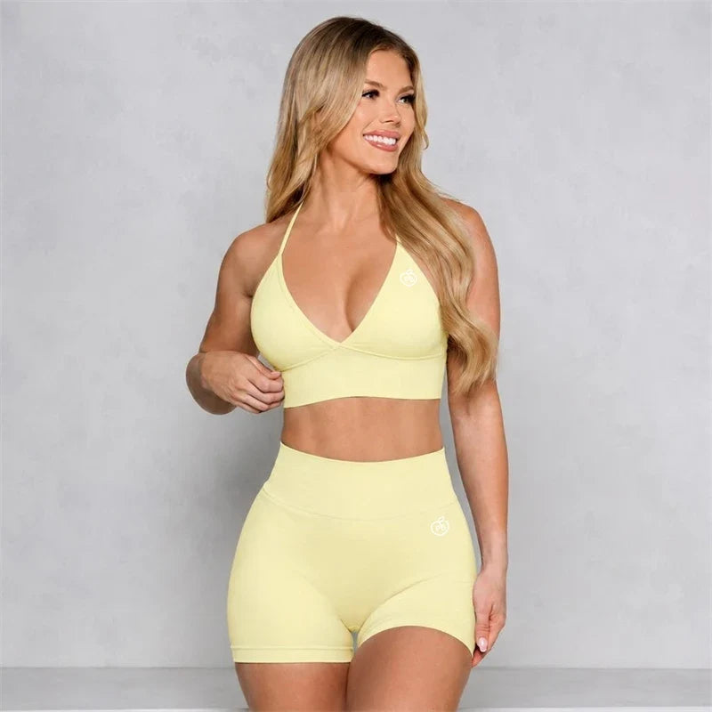 Bum 2PCS Seamless Yoga Set Women Blossom Bra + V-Back Shorts Gym Workout Suits Wear Women Sports Scrunch Butt Set Sportswear