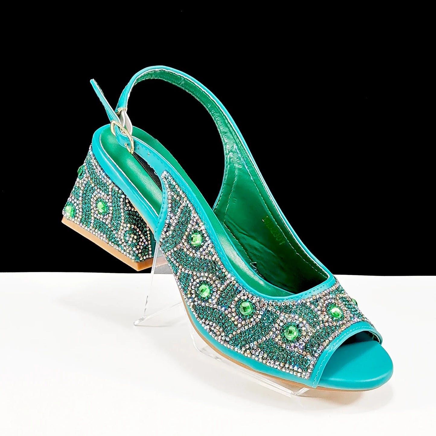 QSGFC 2024 Rhinestone Design INS Hot Sale New Arrivals African Shoes and Bag Set in Green Color Open Toe Comfortable Women Heels