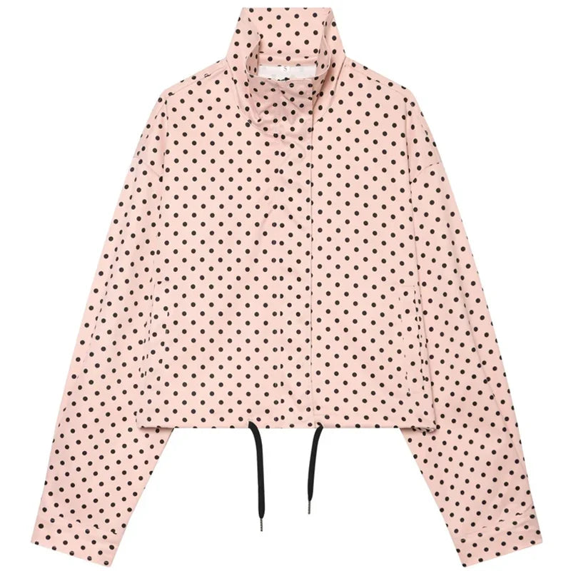 HXAO Polka Dot Bomber Jacket Women's Jackets Demi-Season Oversized Long Sleeve Top Outerwear Aviator Plus Size Zip Up Crop Coats