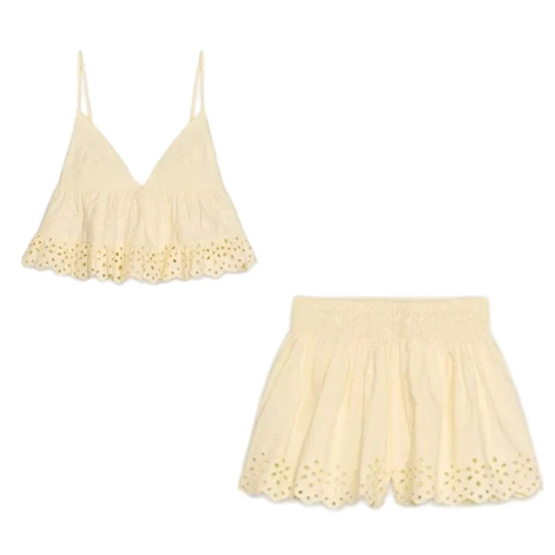Foridol Cotton Shorts Set Women's Two Pieces Set Outfits Hollow Out Embroidery Summer Casual Outfits Matching Set 2025
