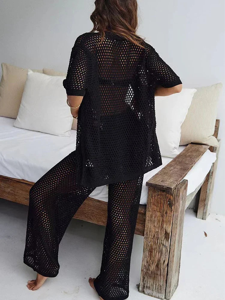 2 Piece Knitted Openwork Outfit for Women Summer Casual Beach Suits