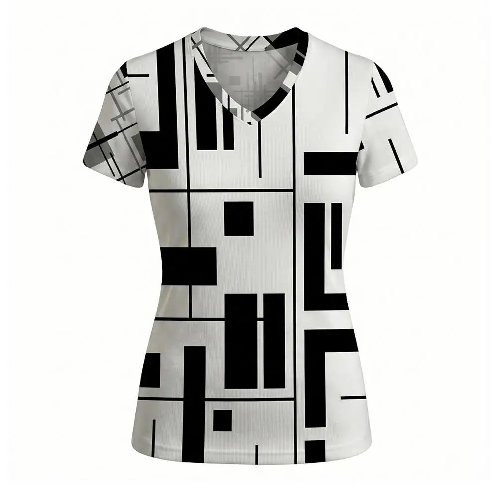 Women's Geometric Abstract Print V-Neck T Shirt Daily Casual Commuting Short Sleeve Tops Summer Street Vintage Slim Fit Tees