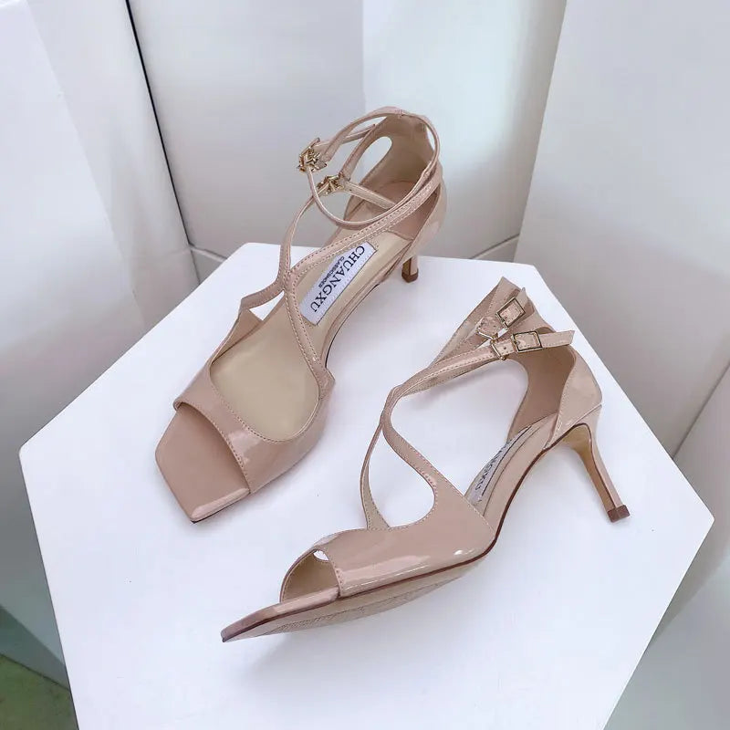 Luxury Sequined Women Gladiator Sandals Summer Designer Shoes for Women 2026 Square Head Hollow High Heels Fashion Ladies Shoes