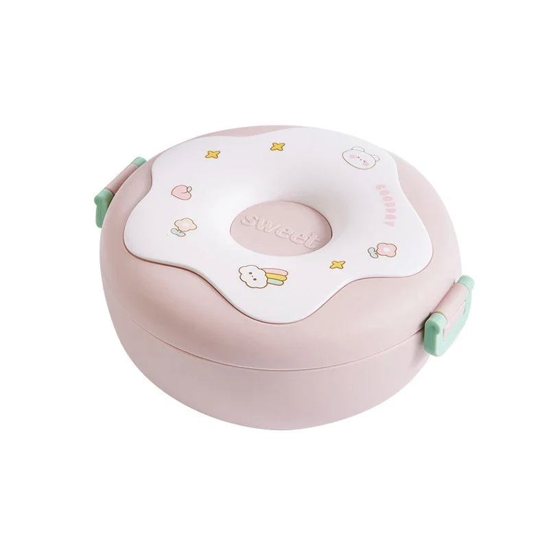 Lunch Box For Kid School Child Snack Box Donut Cartoon Leakproof Bento Box Lunch Bags With Fork Spoon 3 Compartment Microwavable