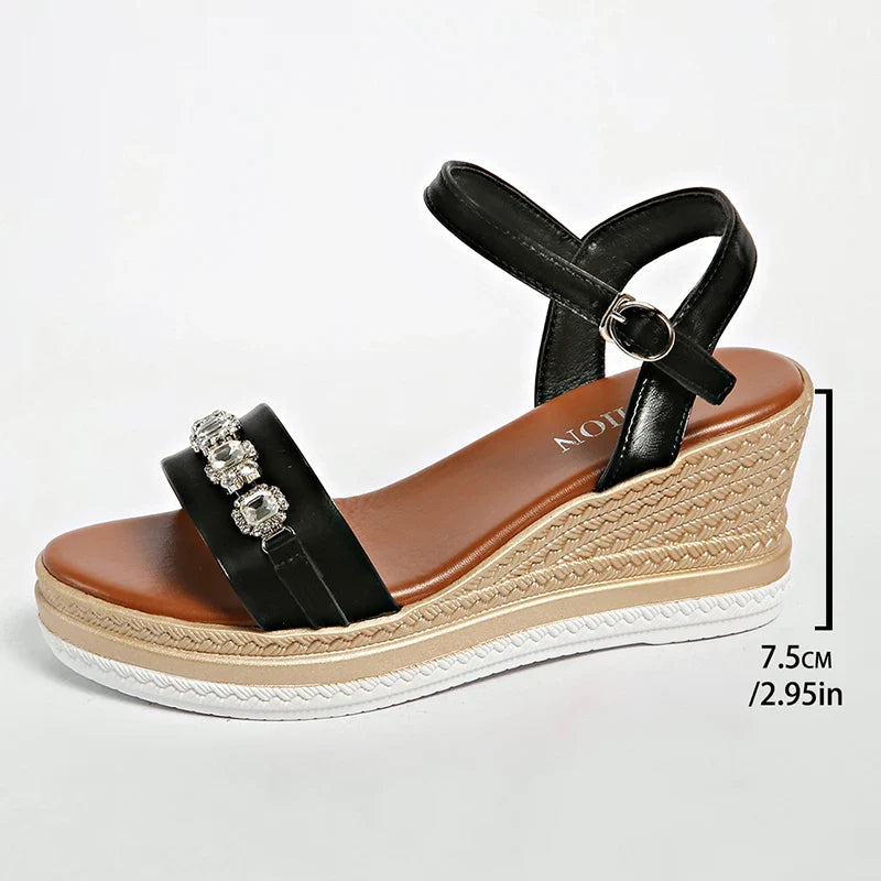 Crystal Decor Women's Wedges Sandals 2026 Summer Ankle Buckle Platform Gladiator Shoes Woman Comfort Casual High Heels Sandals