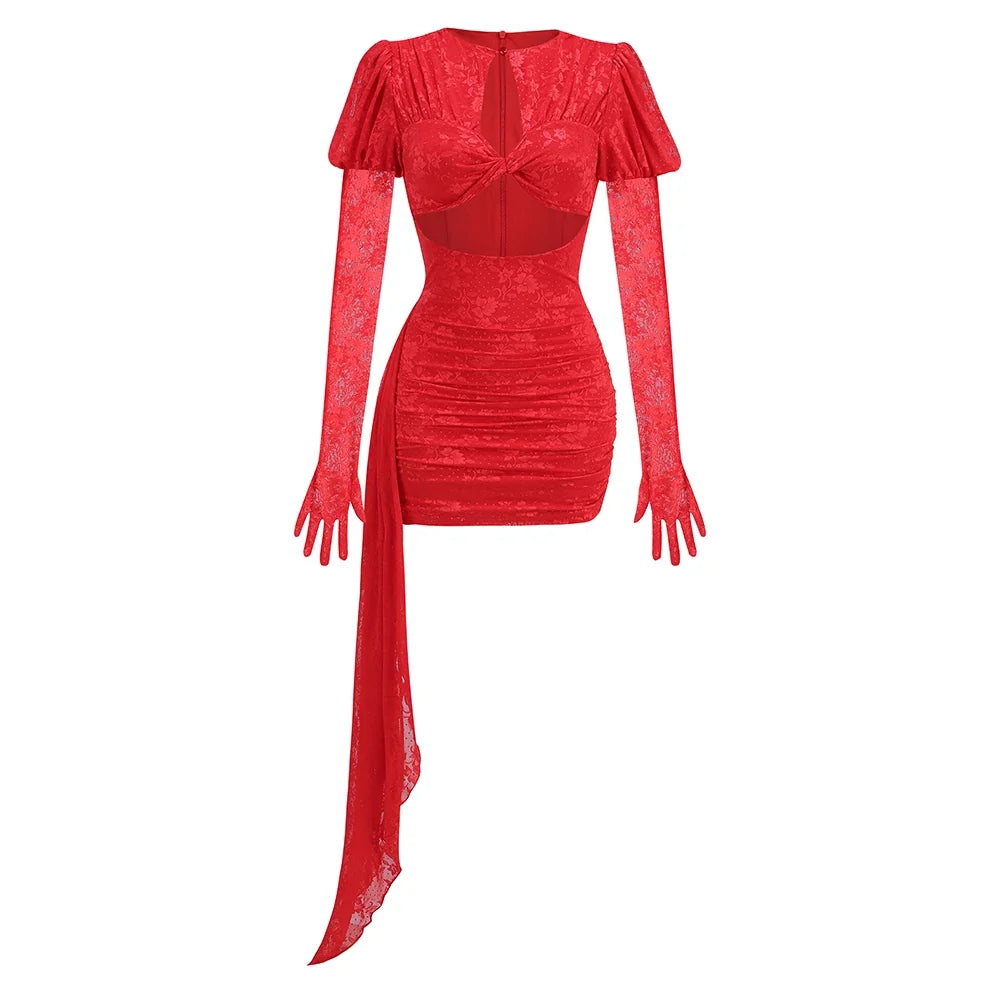 New Fashion Red White Women Gloves Sexy Bodycon Mini Draped Dress